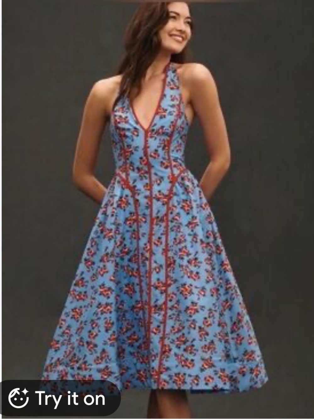 Anthropologie Blue Floral Halter Dress with Red Trim